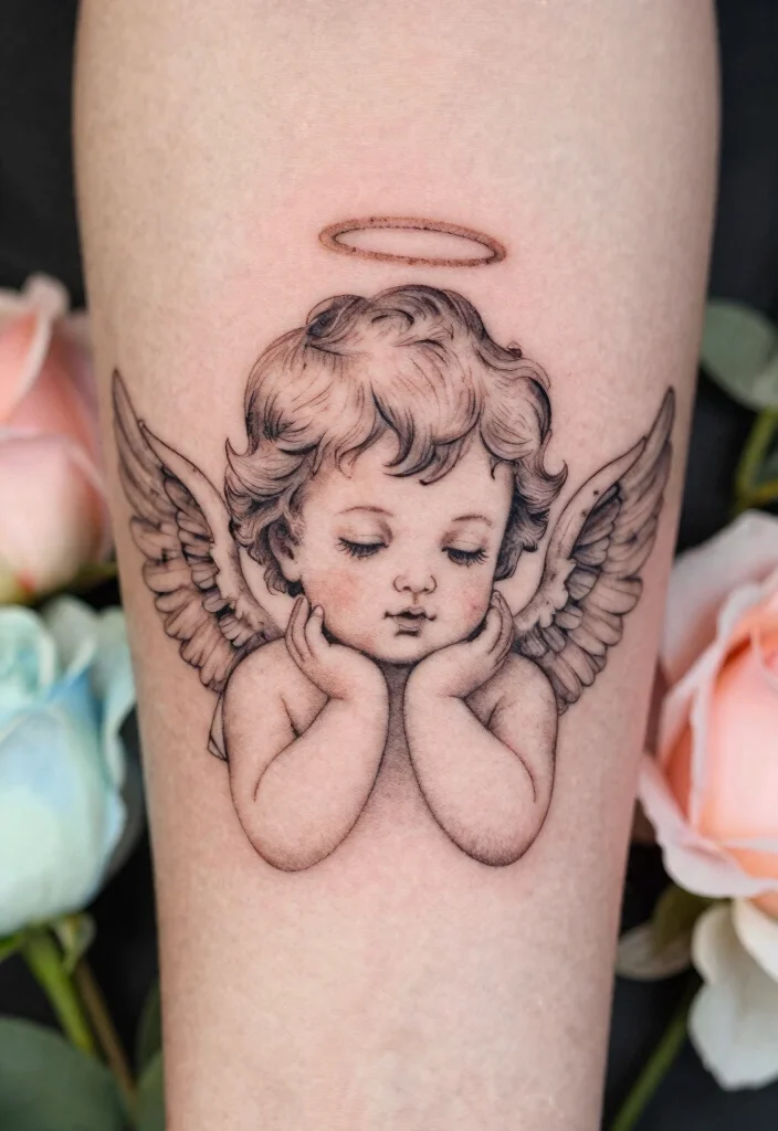 15 Baby Angel Tattoo Ideas Cute Innocent and Meaningful - 1. Sweet Cherubic Face 1