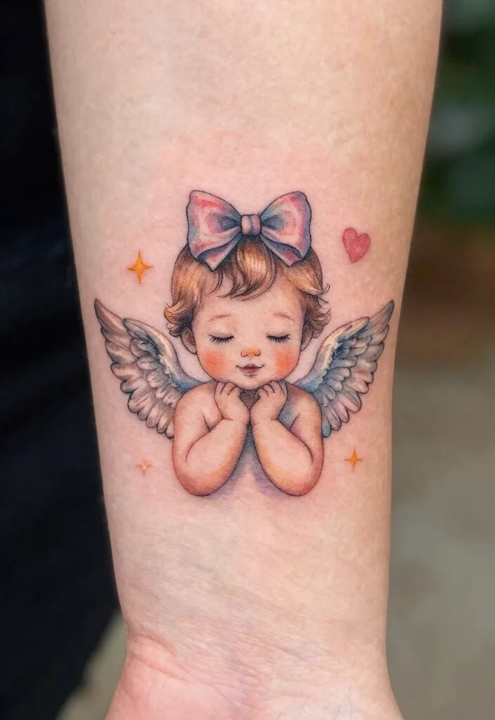 15 Baby Angel Tattoo Ideas Cute Innocent and Meaningful - 10. Baby Angel with a Bow 1