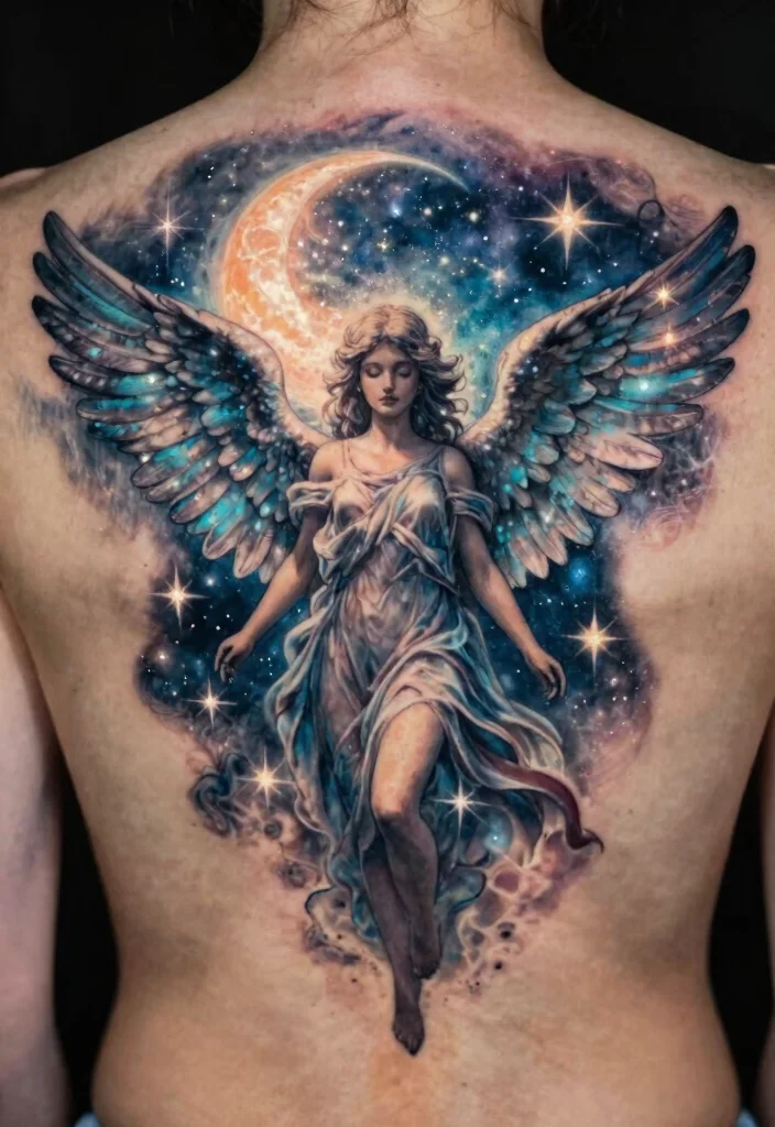 15 Baby Angel Tattoo Ideas Cute Innocent and Meaningful - 11. Dreamy Angel in a Night Sky 1