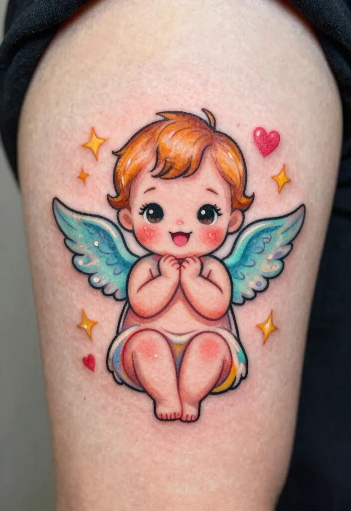 15 Baby Angel Tattoo Ideas Cute Innocent and Meaningful - 12. Baby Angel with Kawaii Vibes 1