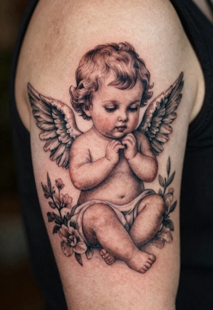 15 Baby Angel Tattoo Ideas Cute Innocent and Meaningful - 13. Vintage Inspired Baby Angel 1