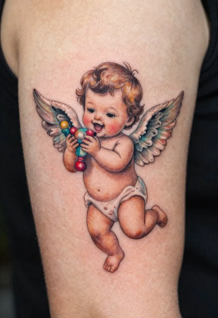 15 Baby Angel Tattoo Ideas Cute Innocent and Meaningful - 14. Baby Angel Playing with a Toy 1