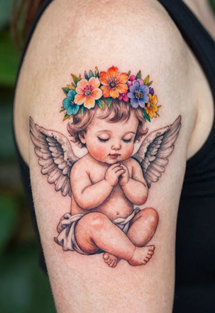 15 Baby Angel Tattoo Ideas Cute Innocent and Meaningful - 5. Baby Angel with Flower Crown 1