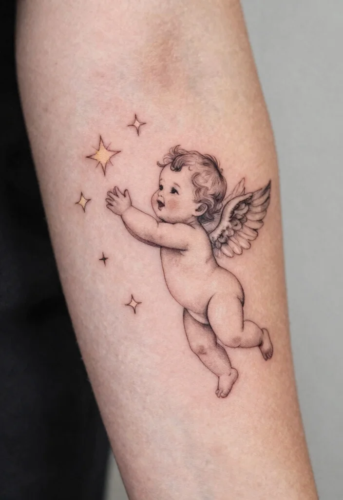 15 Baby Angel Tattoo Ideas Cute Innocent and Meaningful - 7. Baby Angel with Stars 1