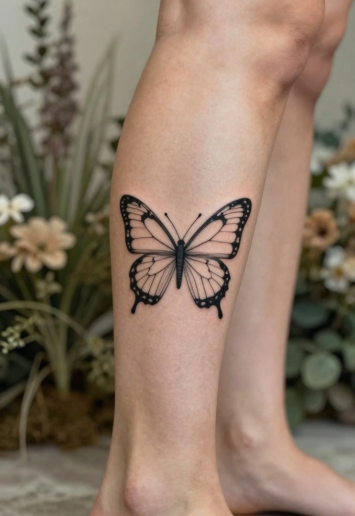 15 Butterfly Leg Tattoo Ideas Flowing Elegant and Stylish - 1. Minimalist Butterfly Outline 1