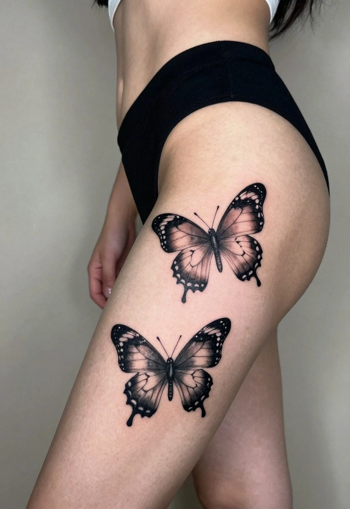 15 Butterfly Leg Tattoo Ideas Flowing Elegant and Stylish - 10. Double Butterfly Tattoo 1