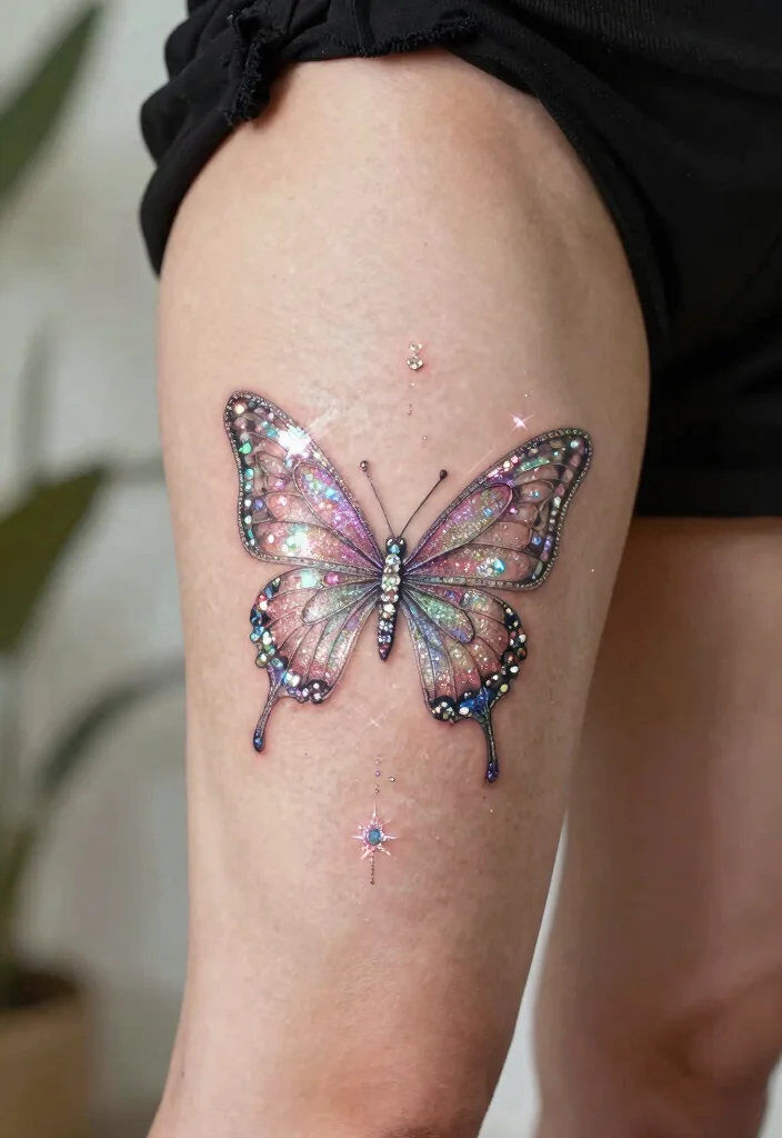 15 Butterfly Leg Tattoo Ideas Flowing Elegant and Stylish - 11. Sparkling Butterfly Tattoo 1