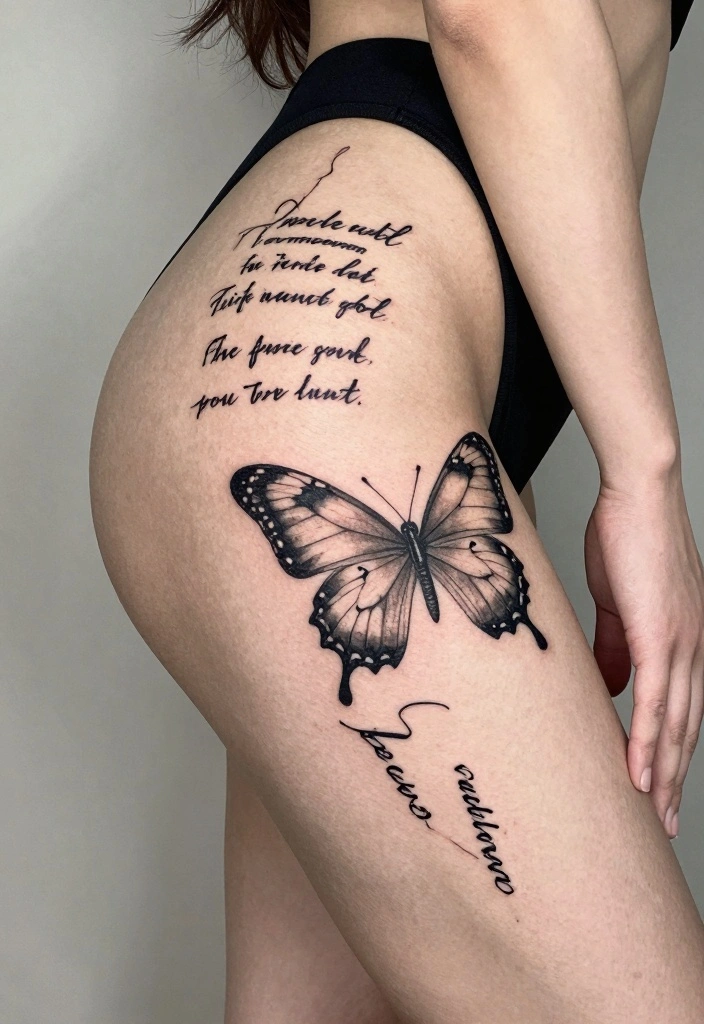 15 Butterfly Leg Tattoo Ideas Flowing Elegant and Stylish - 12. Butterfly with Quote Tattoo 1