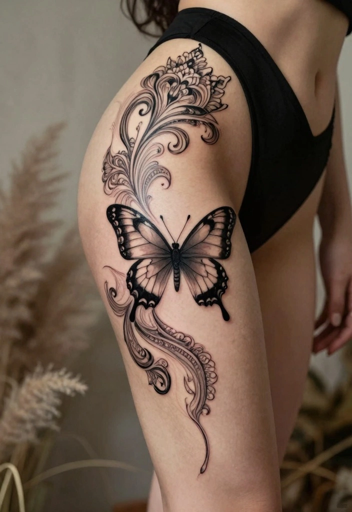 15 Butterfly Leg Tattoo Ideas Flowing Elegant and Stylish - 14. Ornamental Butterfly Tattoo 1
