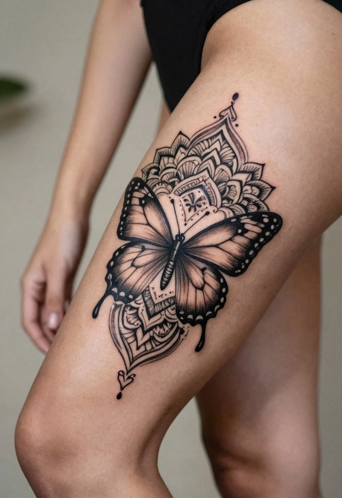 15 Butterfly Leg Tattoo Ideas Flowing Elegant and Stylish - 15. Butterfly Mandala Tattoo 1