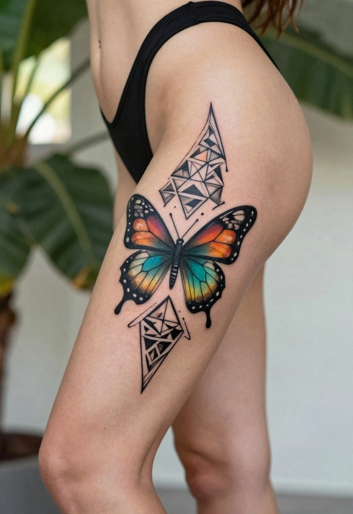 15 Butterfly Leg Tattoo Ideas Flowing Elegant and Stylish - 2. Geometric Butterfly Design 1