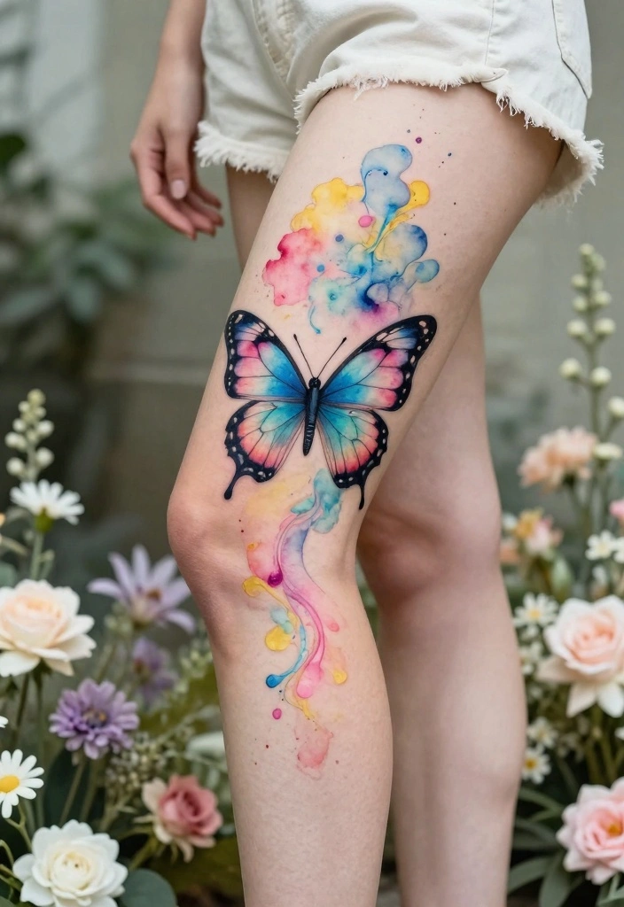15 Butterfly Leg Tattoo Ideas Flowing Elegant and Stylish - 3. Colorful Watercolor Butterfly 1