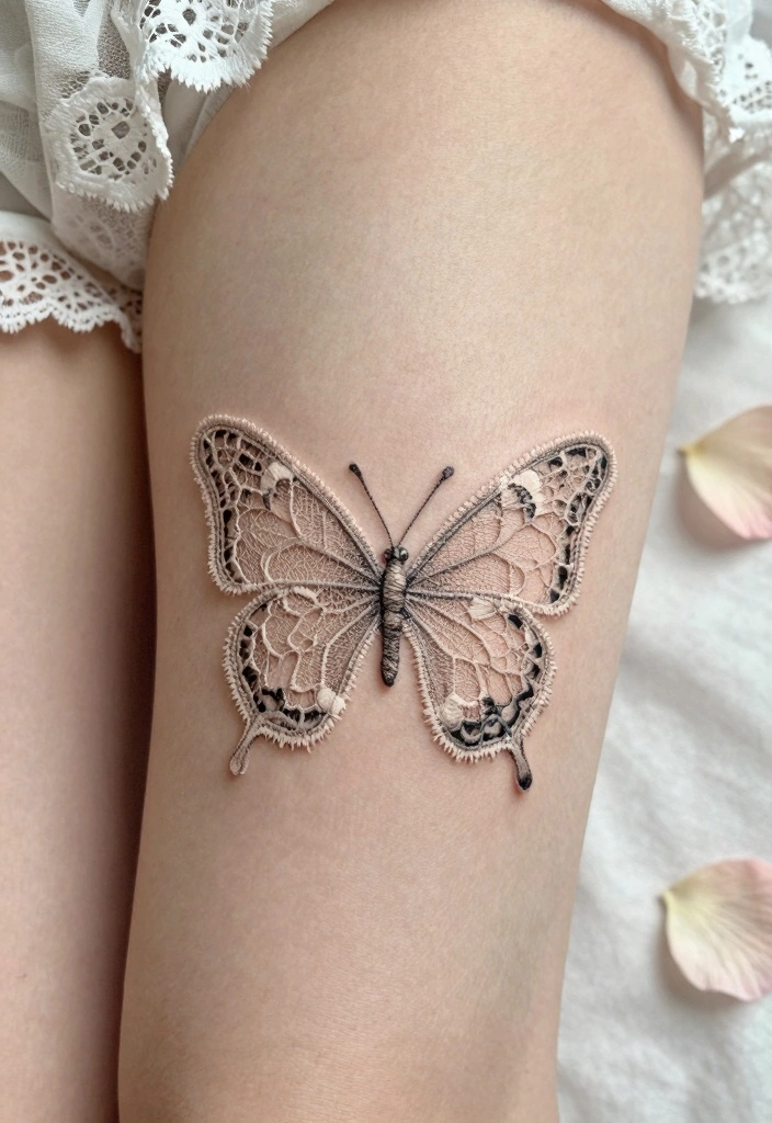 15 Butterfly Leg Tattoo Ideas Flowing Elegant and Stylish - 4. Delicate Lace Butterfly Tattoo 1