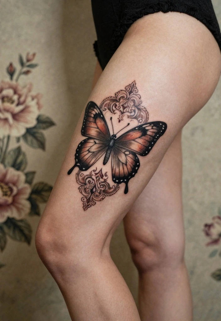 15 Butterfly Leg Tattoo Ideas Flowing Elegant and Stylish - 7. Vintage-Inspired Butterfly Tattoo 1