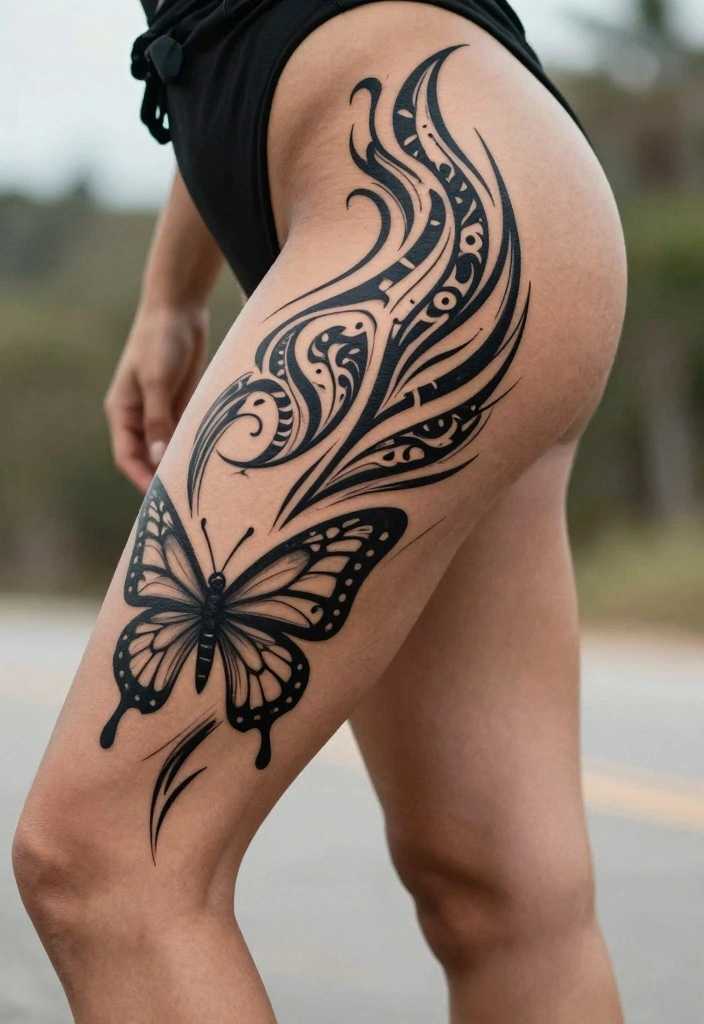 15 Butterfly Leg Tattoo Ideas Flowing Elegant and Stylish - 9. Tribal Butterfly Tattoo 1