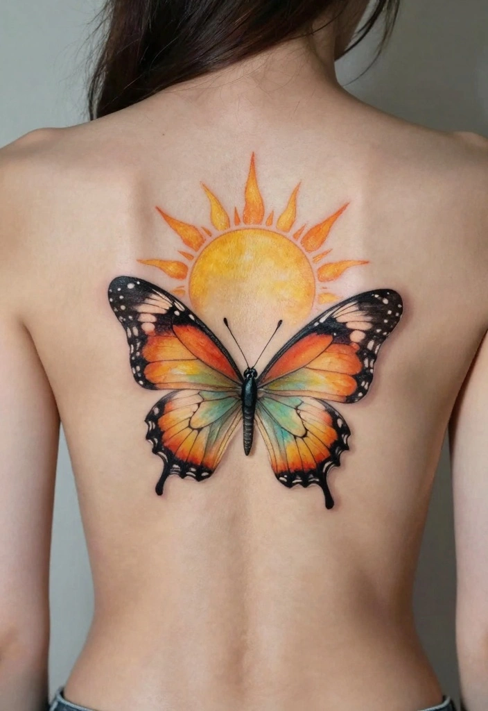15 Butterfly Spine Tattoo Ideas: Delicate Vertical Designs - 10. Butterfly and Sun 1