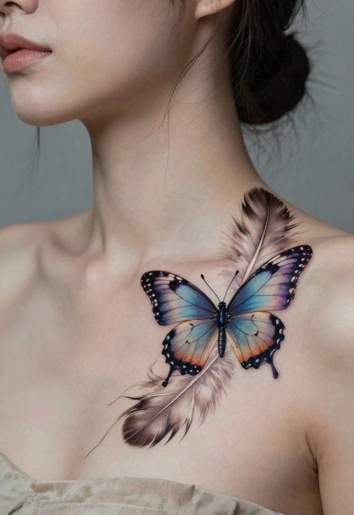15 Butterfly Spine Tattoo Ideas: Delicate Vertical Designs - 12. Butterfly with Feathers 1