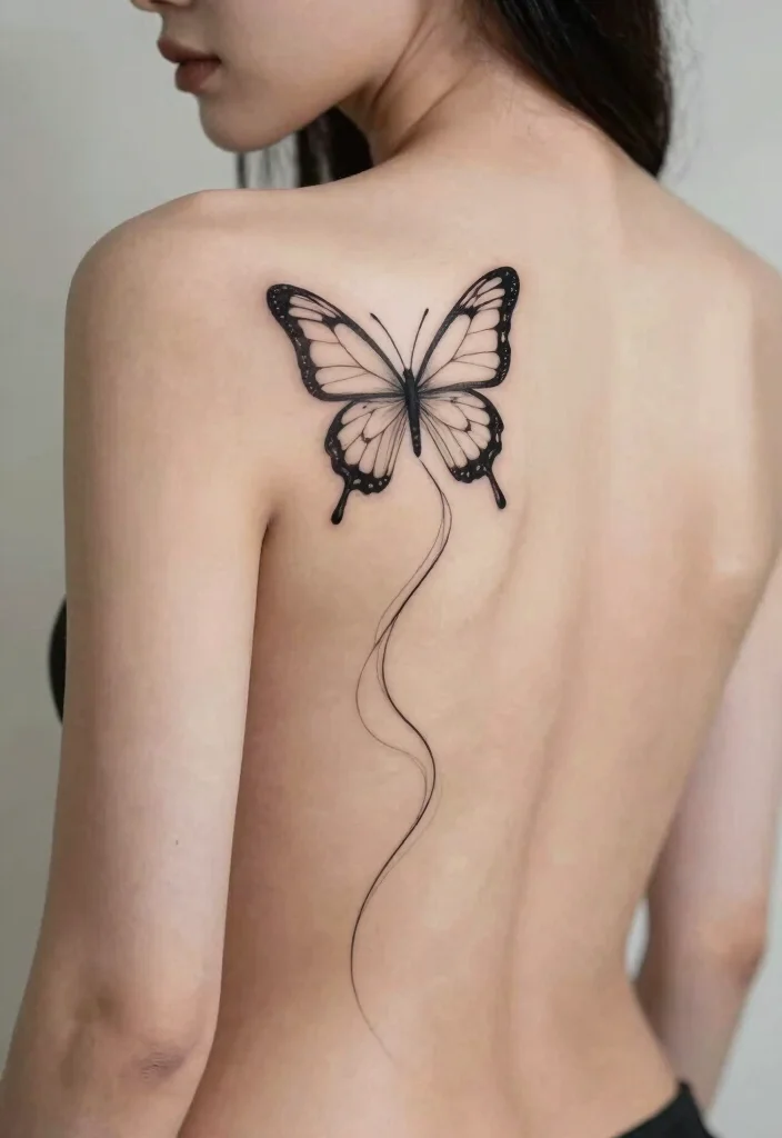 15 Butterfly Spine Tattoo Ideas: Delicate Vertical Designs - 13. Line Art Butterfly 1