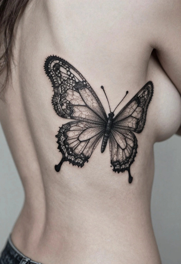 15 Butterfly Spine Tattoo Ideas: Delicate Vertical Designs - 4. Intricate Lace Design 1