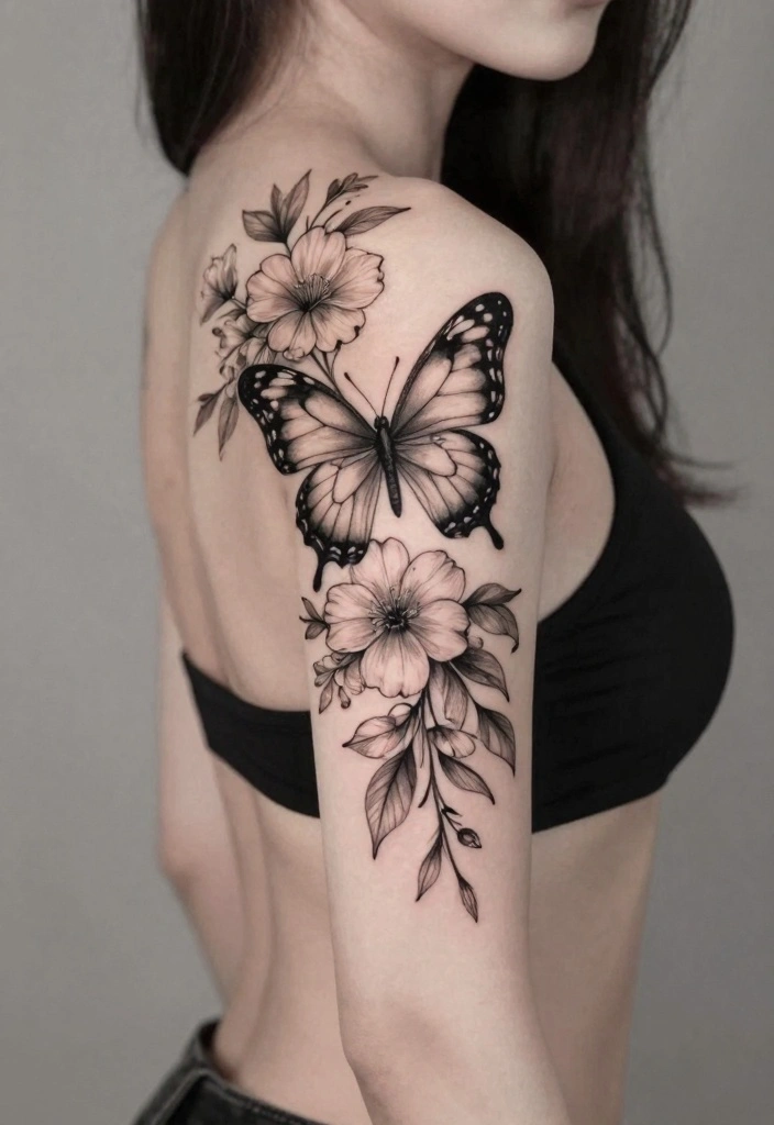15 Butterfly Spine Tattoo Ideas: Delicate Vertical Designs - 6. Butterfly with Flowers 1