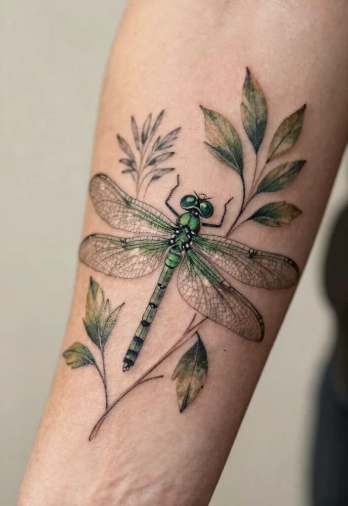 15 Dragonfly Tattoo Design Ideas: Light, Symbolic, and Delicate - 11. Dragonfly with Leaves 1