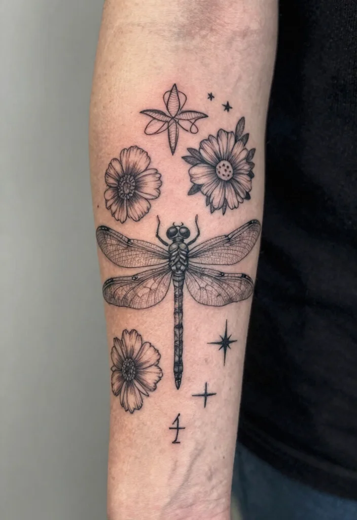 15 Dragonfly Tattoo Design Ideas: Light, Symbolic, and Delicate - 15. Collaborative Dragonfly Design 1