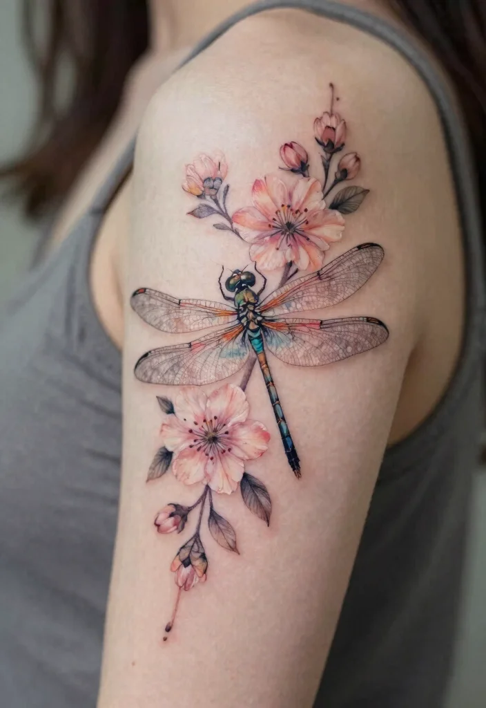 15 Dragonfly Tattoo Design Ideas: Light, Symbolic, and Delicate - 4. Delicate Floral Dragonfly 1