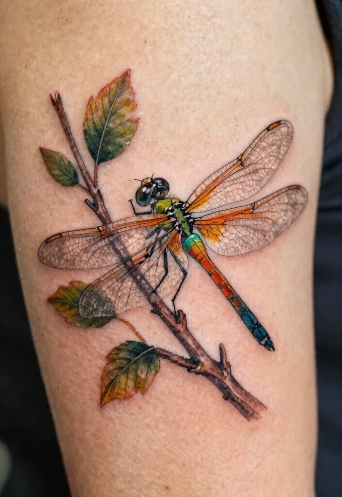 15 Dragonfly Tattoo Design Ideas: Light, Symbolic, and Delicate - 6. Dragonfly on a Branch 1