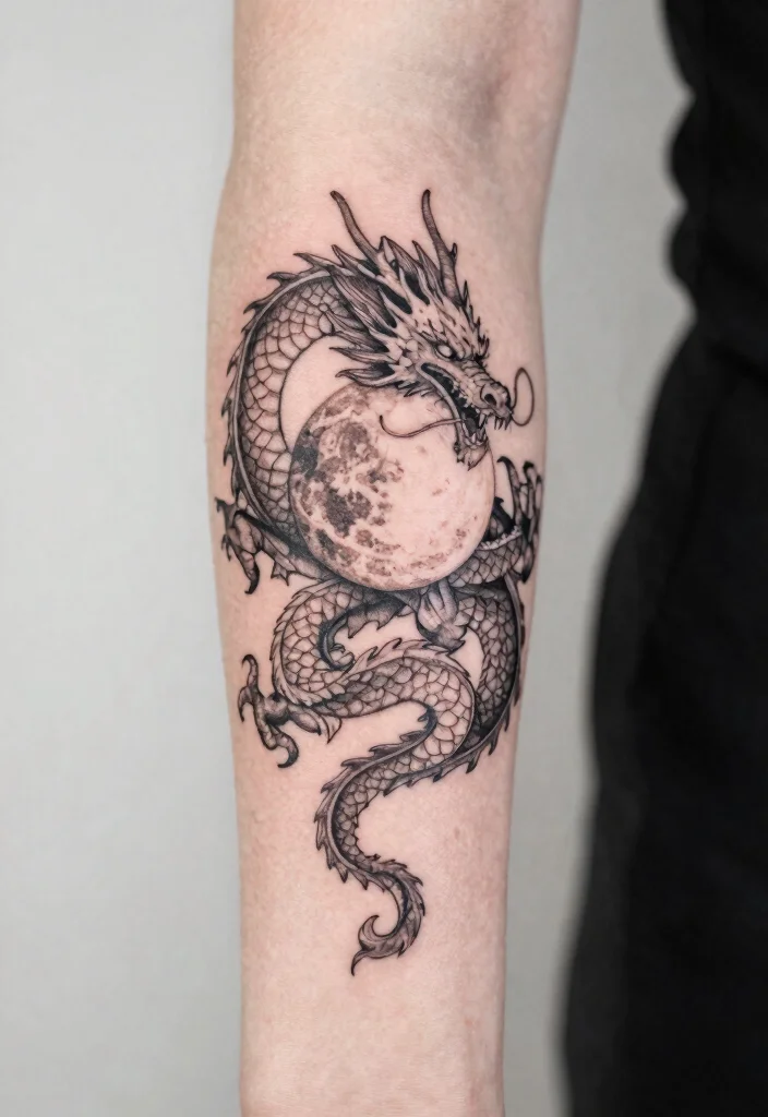 15 Fine Line Dragon Tattoo Ideas: Minimal, Elegant, and Modern - 12. Dragon with Moon Phases 1