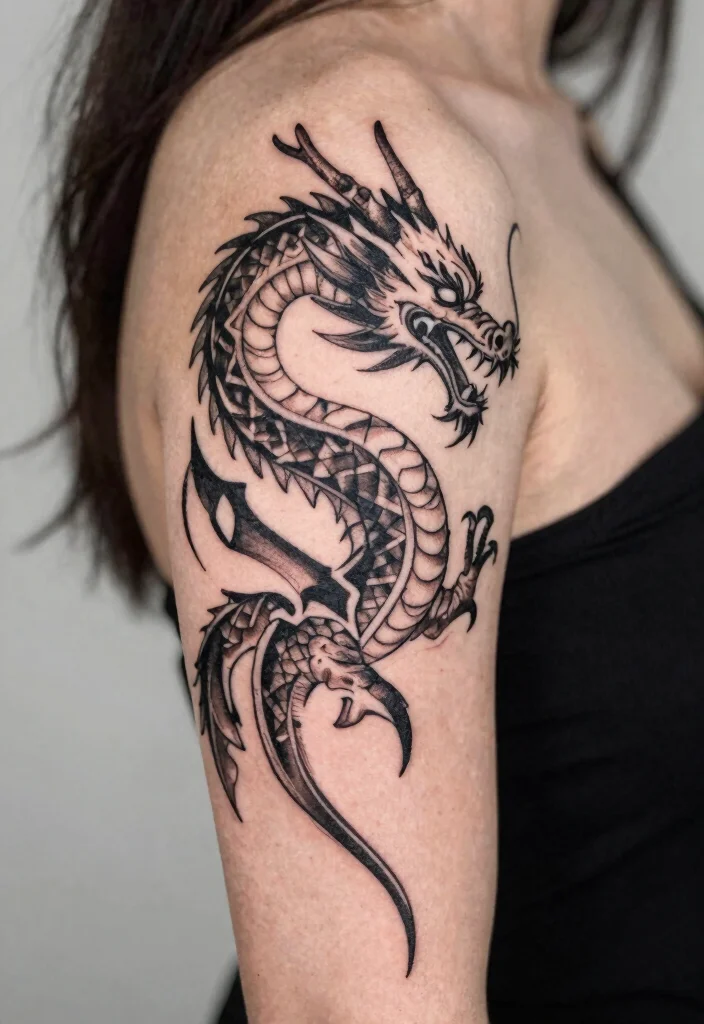 15 Fine Line Dragon Tattoo Ideas: Minimal, Elegant, and Modern - 13. Tribal Fine Line Dragon 1