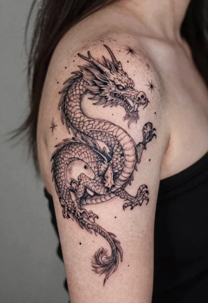 15 Fine Line Dragon Tattoo Ideas: Minimal, Elegant, and Modern - 15. The Celestial Dragon 1