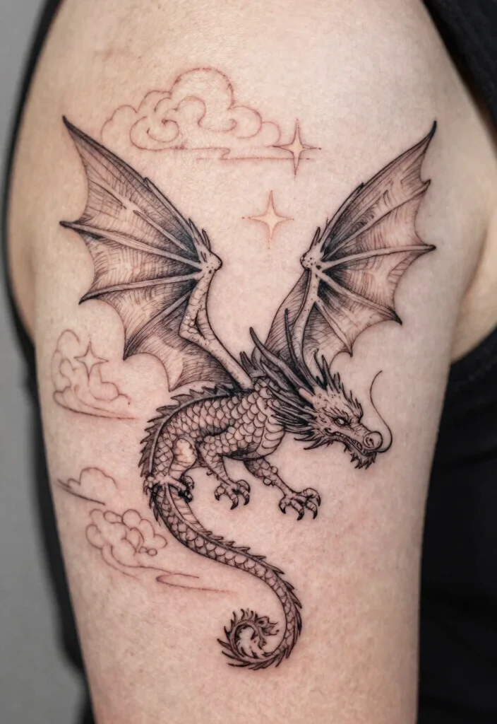 15 Fine Line Dragon Tattoo Ideas: Minimal, Elegant, and Modern - 2. The Dragon in Flight 1