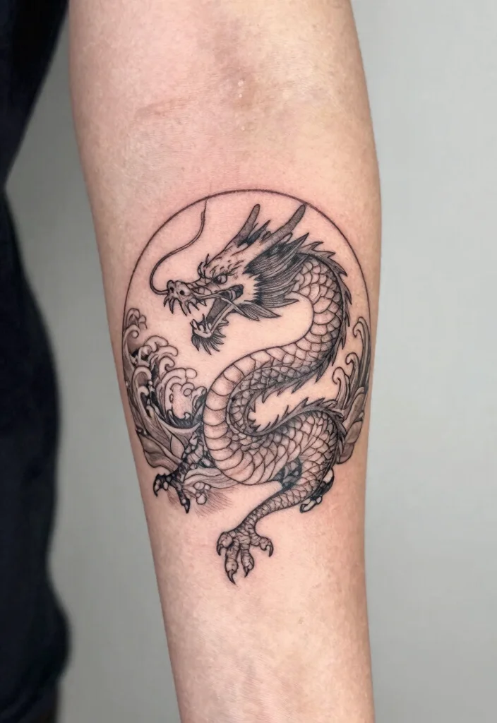 15 Fine Line Dragon Tattoo Ideas: Minimal, Elegant, and Modern - 3. Circular Dragon Design 1