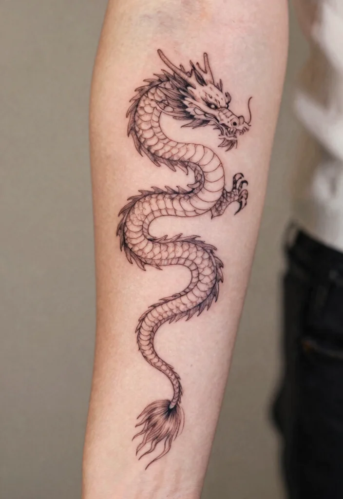 15 Fine Line Dragon Tattoo Ideas: Minimal, Elegant, and Modern - 8. Dragon Tail Design 1
