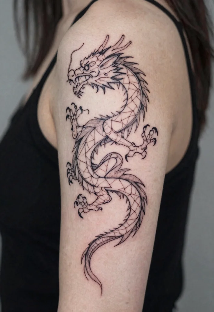 15 Fine Line Dragon Tattoo Ideas: Minimal, Elegant, and Modern - 9. Geometric Dragon 1