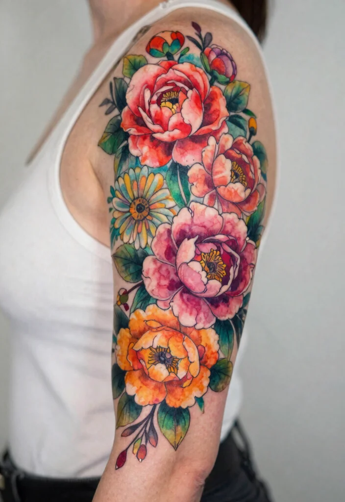 15 Flower Tattoo Drawings Ideas Creative and Inspiring - 11. Floral Half-Sleeve 1