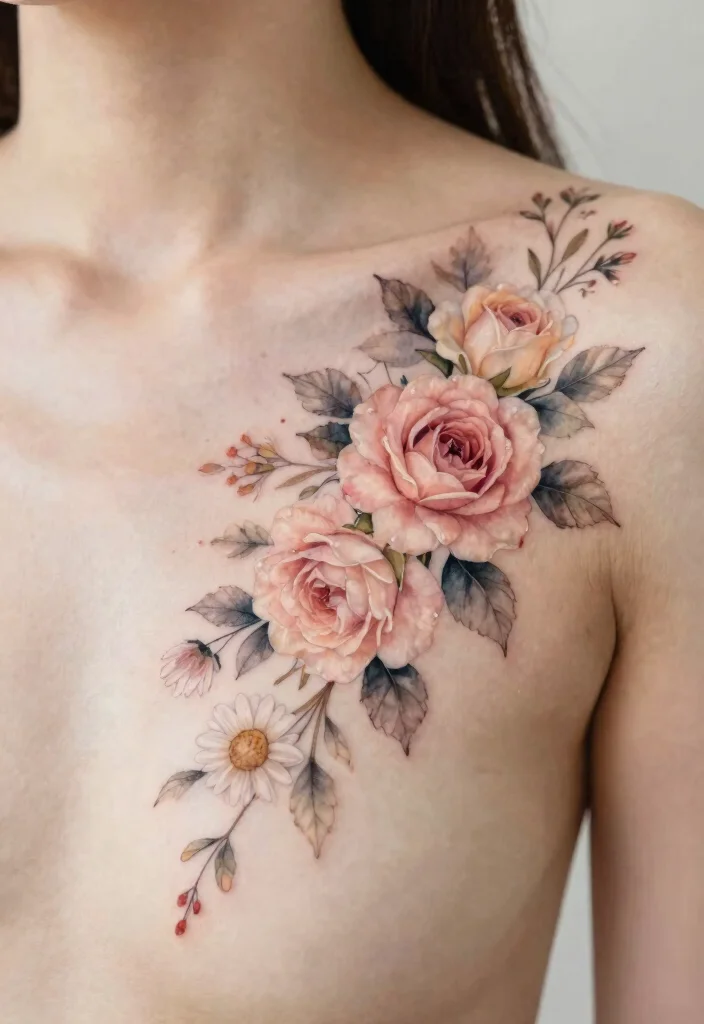 15 Flower Tattoo Drawings Ideas Creative and Inspiring - 13. Nature-Inspired Floral Neckline 1