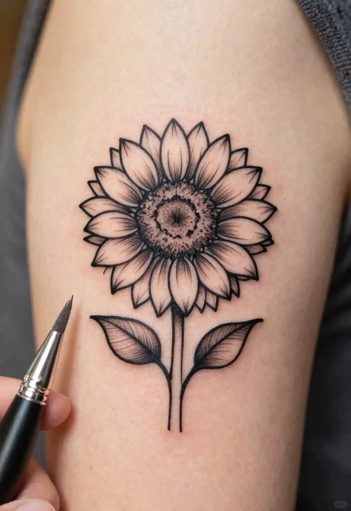 15 Flower Tattoo Stencil Ideas: Clean, Simple, and Creative - 12. Sunflower Minimalism 1