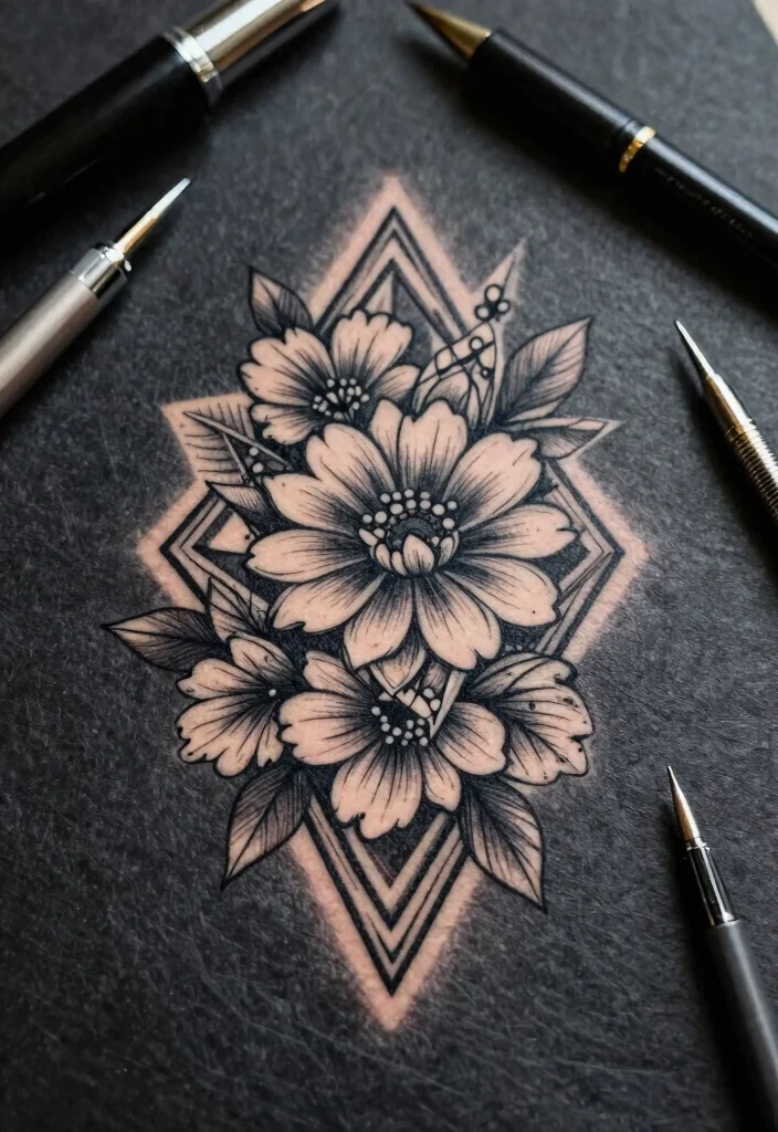 15 Flower Tattoo Stencil Ideas: Clean, Simple, and Creative - 5. Geometric Floral Fusion 1