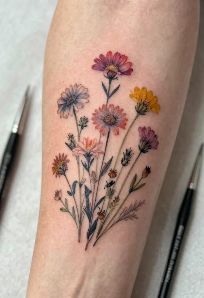 15 Flower Tattoo Stencil Ideas: Clean, Simple, and Creative - 8. Wildflower Cluster 1