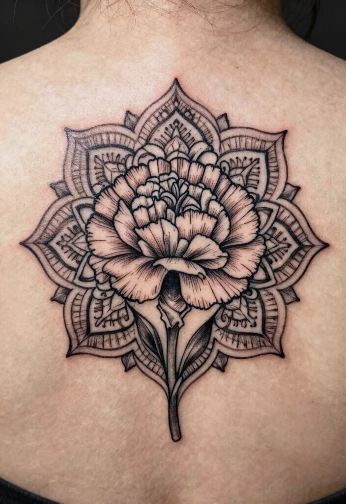 15 January Birth Flower Tattoo Ideas: Symbolic and Delicate - 12. Minimalist Floral Mandala with Carnations 1