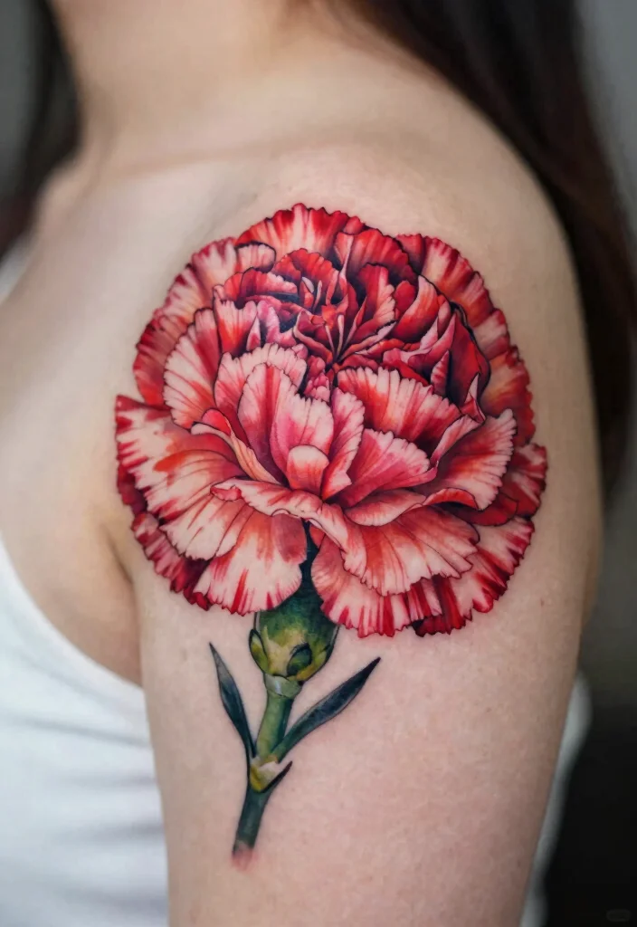 15 January Birth Flower Tattoo Ideas: Symbolic and Delicate - 9. Detailed Carnation with Color Accents 1