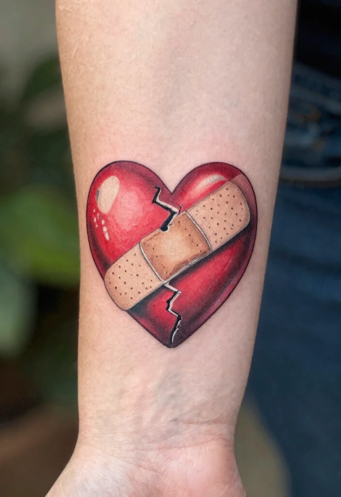 15 Mini Heart Tattoo Ideas Small, Sweet, and Timeless - 12. Broken Heart with a Bandage 1