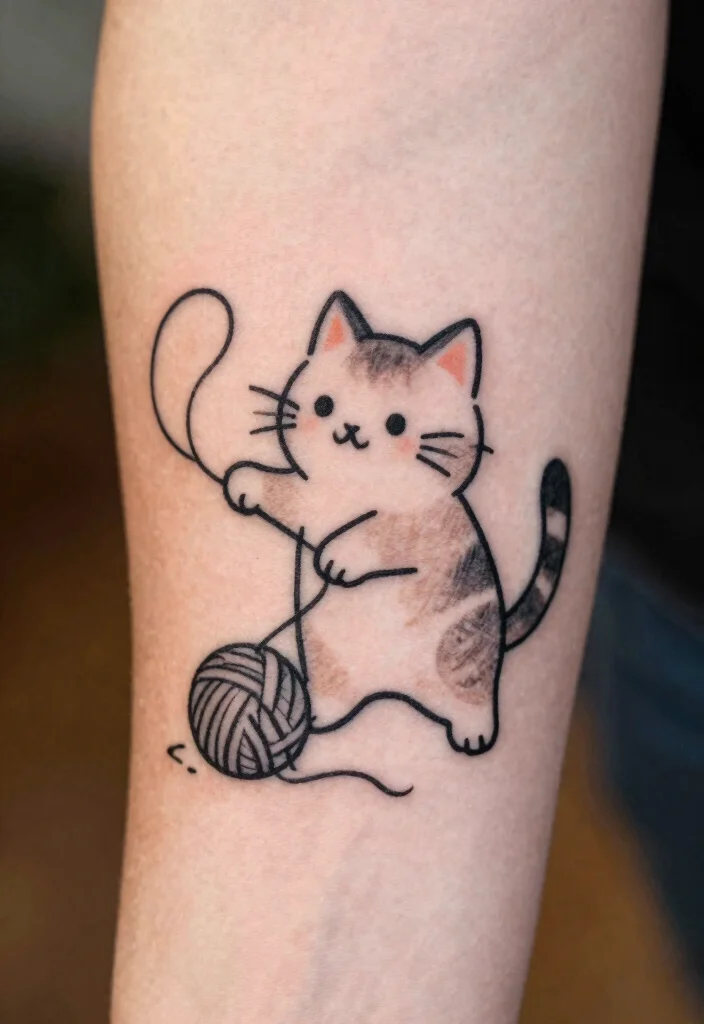 15 Minimalist Cat Tattoo Ideas: Simple, Clean, and Sweet - 10. Cat with Ball of Yarn 1