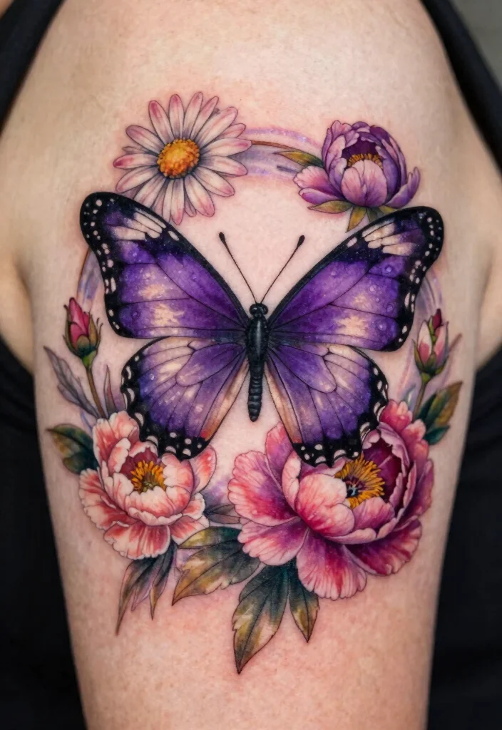 15 Purple Butterfly Tattoo Ideas: Magical, Feminine, and Unique - 10. Floral Frame Butterfly Tattoo 1