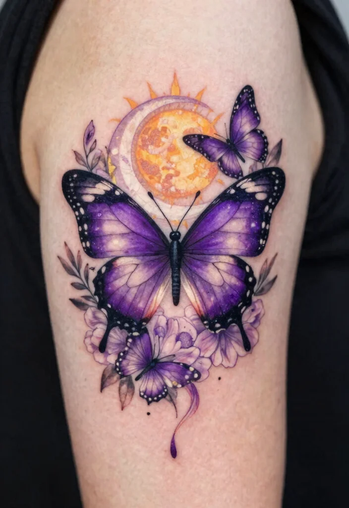 15 Purple Butterfly Tattoo Ideas: Magical, Feminine, and Unique - 14. Butterfly with Sun and Moon 1