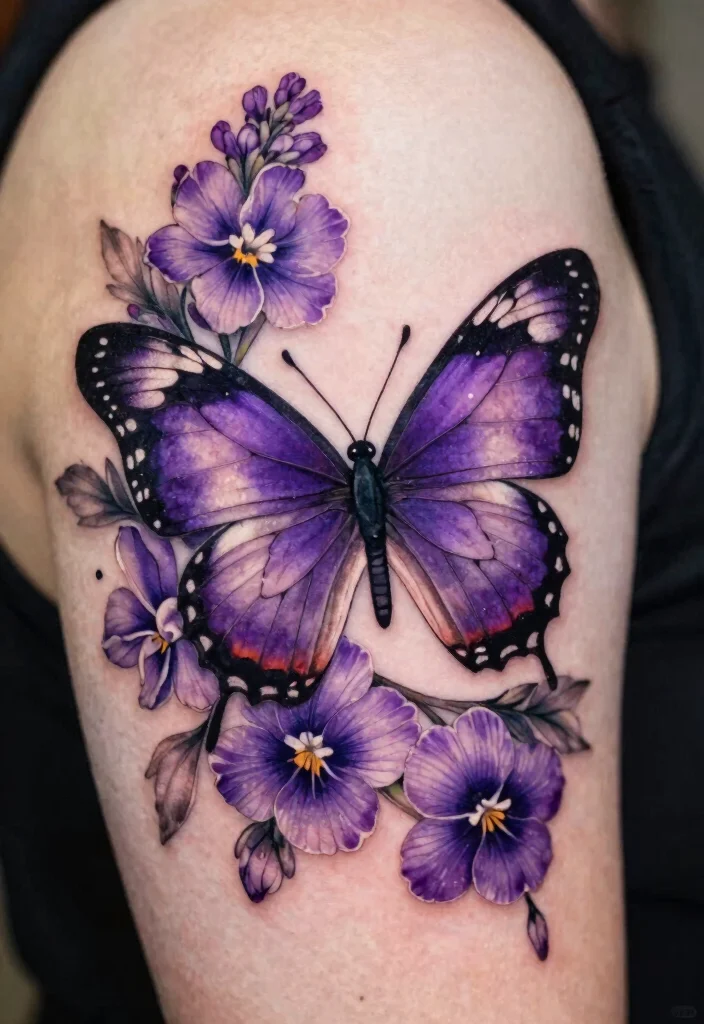 15 Purple Butterfly Tattoo Ideas: Magical, Feminine, and Unique - 3. Butterfly with Floral Accents 1