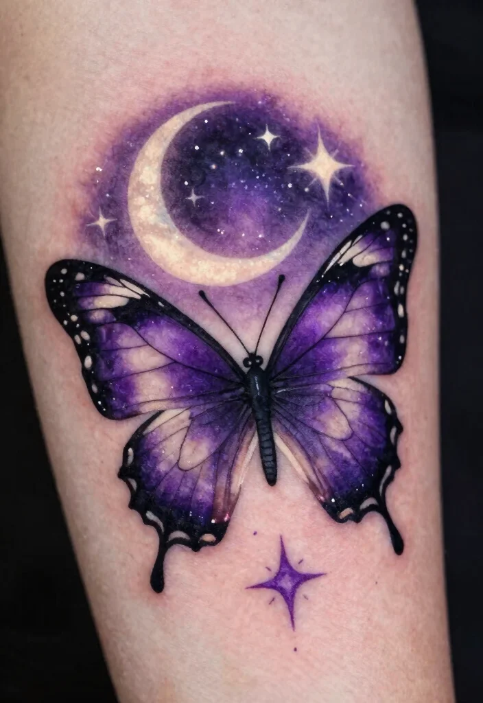 15 Purple Butterfly Tattoo Ideas: Magical, Feminine, and Unique - 5. Mystical Night Sky Butterfly 1