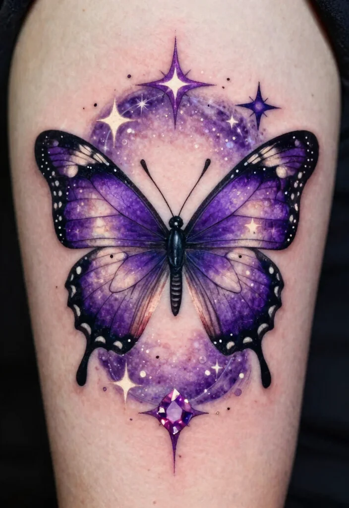 15 Purple Butterfly Tattoo Ideas: Magical, Feminine, and Unique - 7. Celestial Butterfly with Gemstones 1
