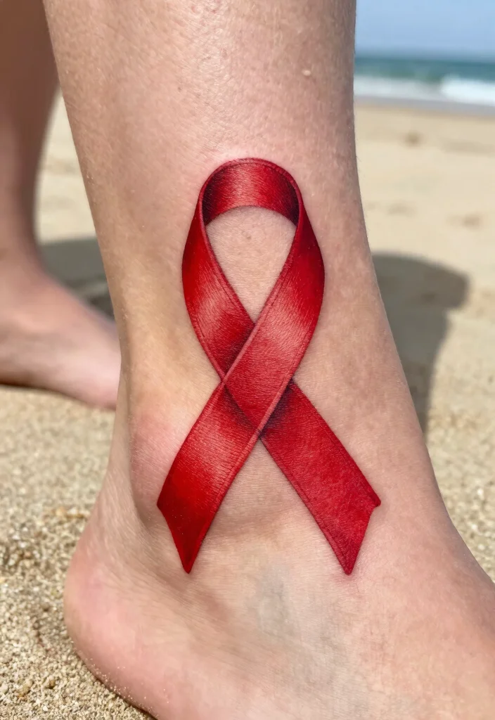15 Red Ribbon Tattoo Ideas: Meaningful, Simple, and Elegant - 11. Red Ribbon on the Foot 1
